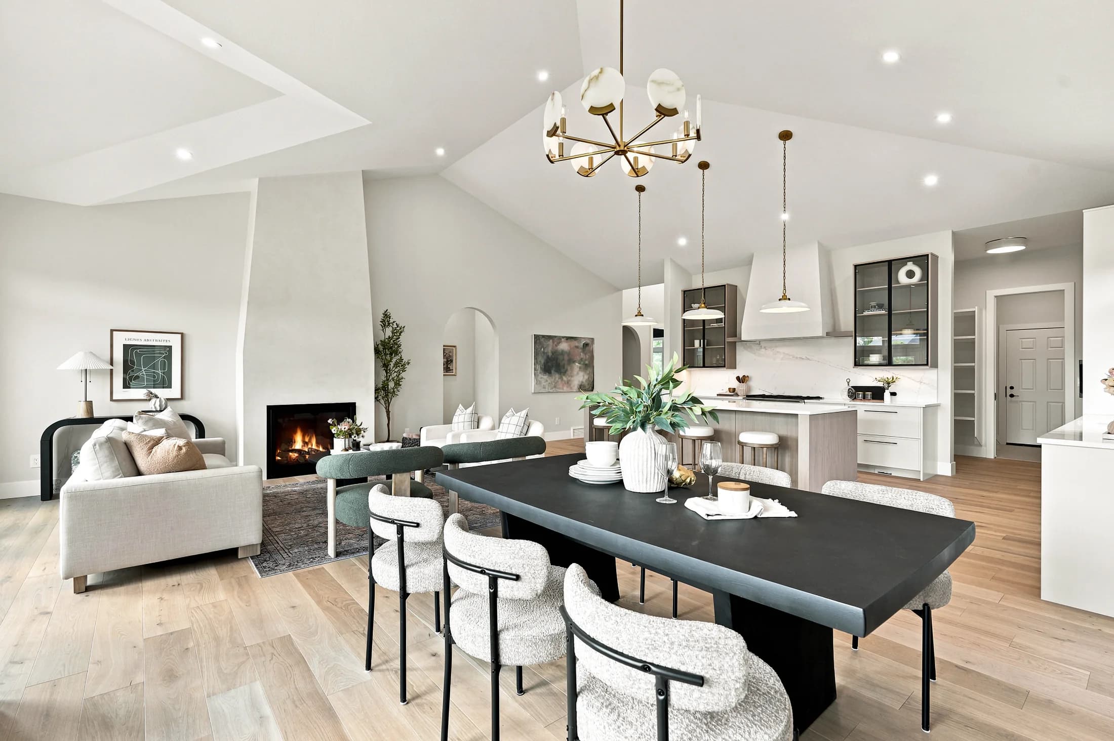 Dining room with dark table and upholstered chairs
